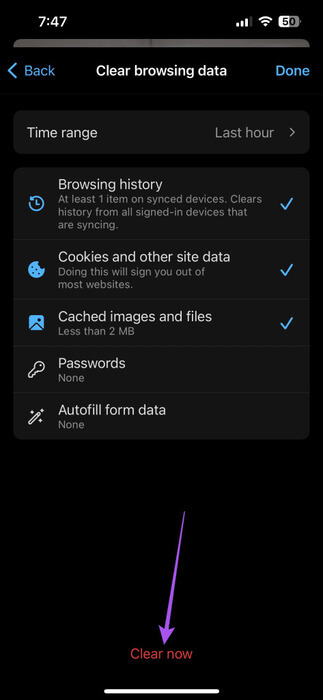 clear-now-browsing-data-edge-mobile-473x1024-1 أفضل 6 إصلاحات لعدم عمل Microsoft Edge على iPhone وiPad وMac