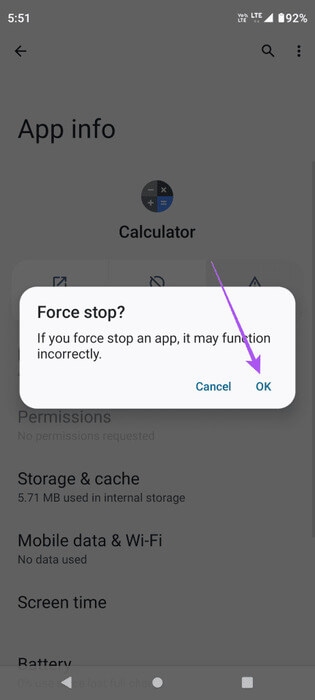confirm-force-stop-calculator-app-android-461x1024-1 أفضل 5 إصلاحات لعدم عمل تطبيق الآلة الحاسبة على iPhone وAndroid