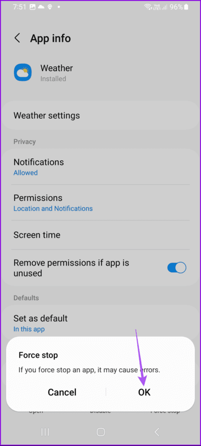 confirm-force-stop-weather-samsung-692x1536-1 أفضل 6 إصلاحات لعدم تحديث الموقع في تطبيق الطقس على هواتف Samsung Galaxy