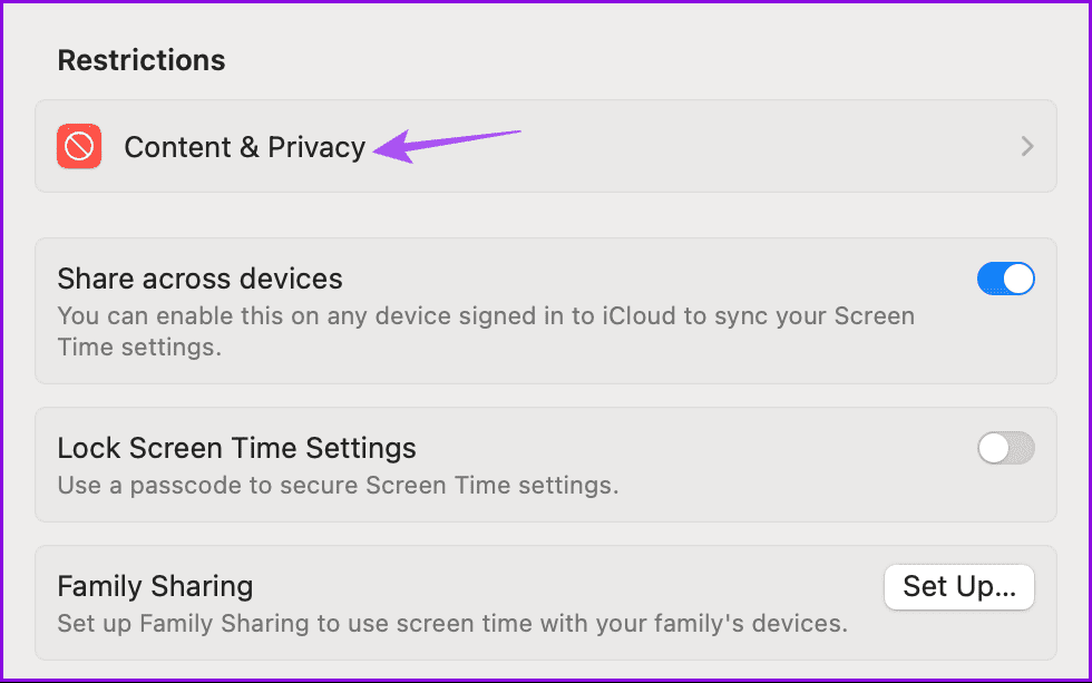 content-and-privacy-settings-mac-1 أفضل 4 إصلاحات لمشكلة "تم تكوين هذه الإعدادات بسبب خطأ في الملف الشخصي" على Mac