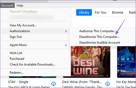 deauthorize-pc-itunes أفضل 7 إصلاحات لعدم تنزيل iTunes للموسيقى على Windows 11
