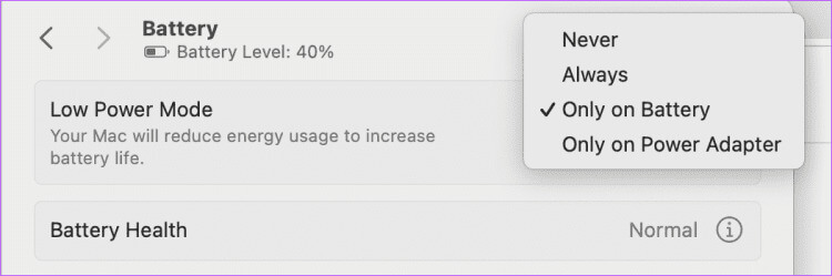 disable-low-power-mode-mac-1-750x249-1 أفضل 9 إصلاحات لعدم تشغيل مقاطع فيديو Apple Music على iPhone وiPad وMac وWindows
