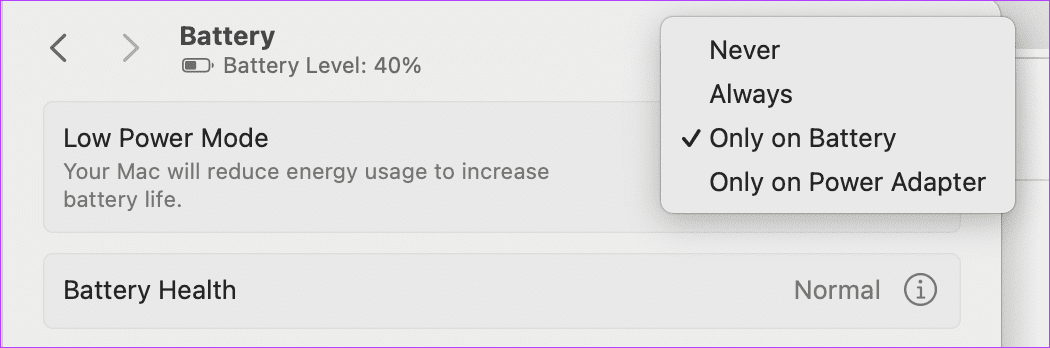 disable-low-power-mode-mac-1 أفضل 7 إصلاحات لعدم عمل وضع القارئ في Safari