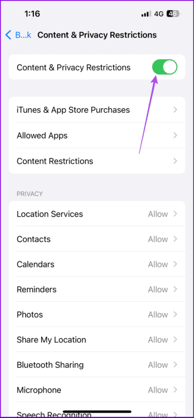 enable-content-and-privacy-restrictions-iphone-475x1024-1 أفضل 4 إصلاحات لمشكلة "تم تكوين هذه الإعدادات بسبب خطأ في الملف الشخصي" على Mac