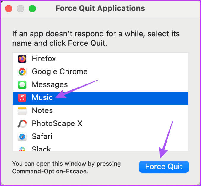 force-quit-apple-music-on-mac أفضل 9 إصلاحات لعدم تشغيل مقاطع فيديو Apple Music على iPhone وiPad وMac وWindows