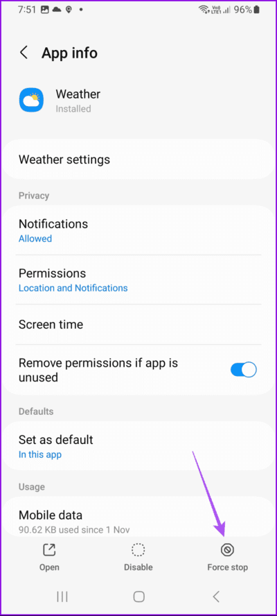 force-stop-weather-app-samsung-692x1536-1 أفضل 6 إصلاحات لعدم تحديث الموقع في تطبيق الطقس على هواتف Samsung Galaxy