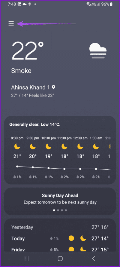 hamburger-menu-weather-app-samsung-692x1536-1 أفضل 6 إصلاحات لعدم تحديث الموقع في تطبيق الطقس على هواتف Samsung Galaxy