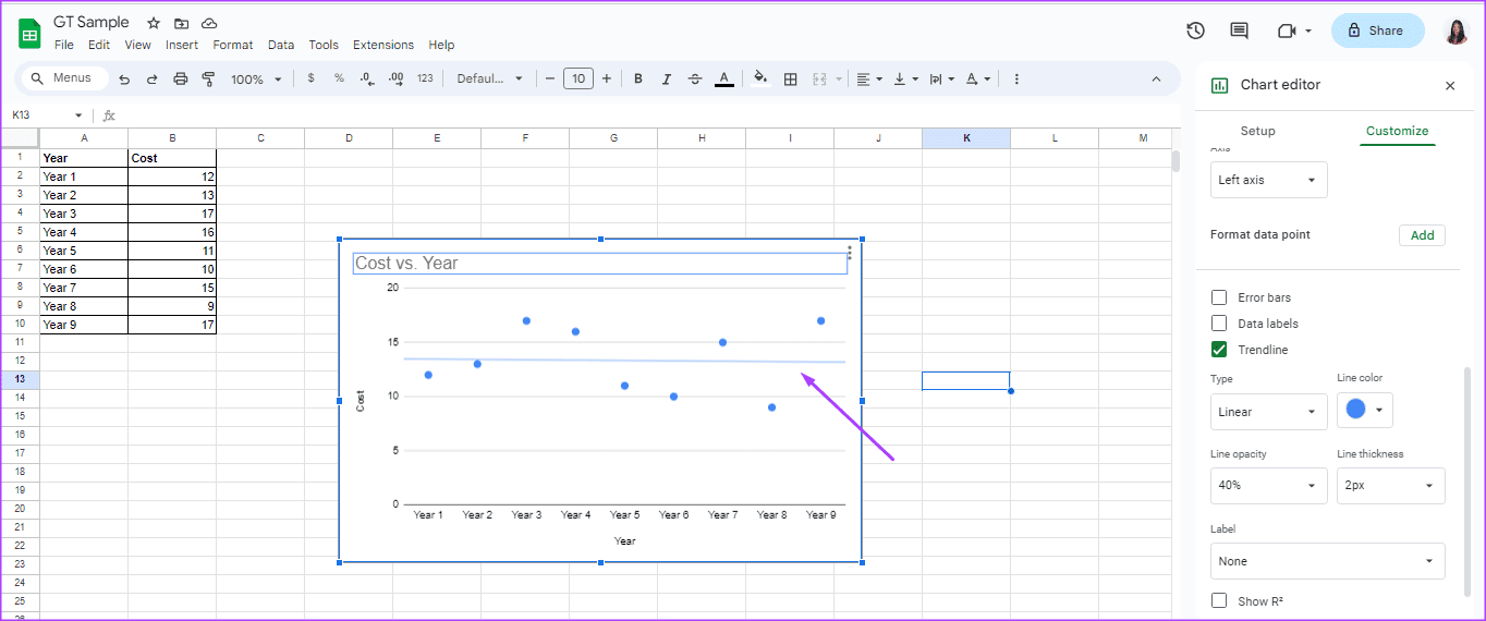 how-to-add-customize-trendline-in-google-sheets-10 كيفية إضافة وتخصيص خط الاتجاه على الرسم البياني في Google Sheets