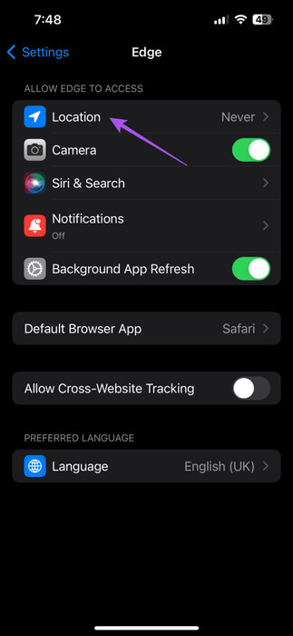 location-edge-settings-iphone-473x1024-1 أفضل 6 إصلاحات لعدم عمل Microsoft Edge على iPhone وiPad وMac
