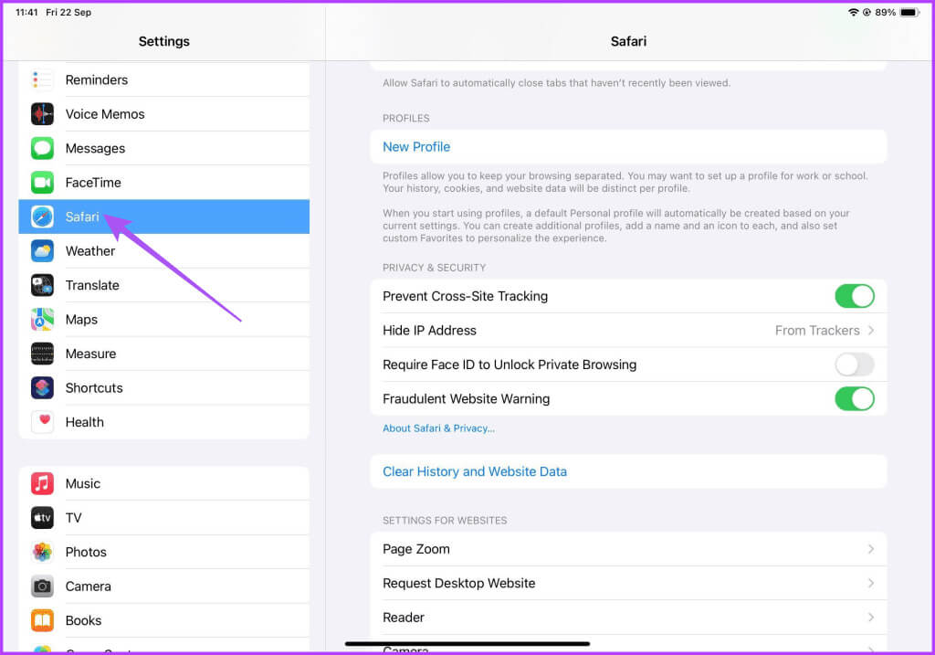 safari-settings-ipad-1024x717-1 كيفية قفل علامات تبويب التصفح الخاص في Safari على iPhone وiPad وMac