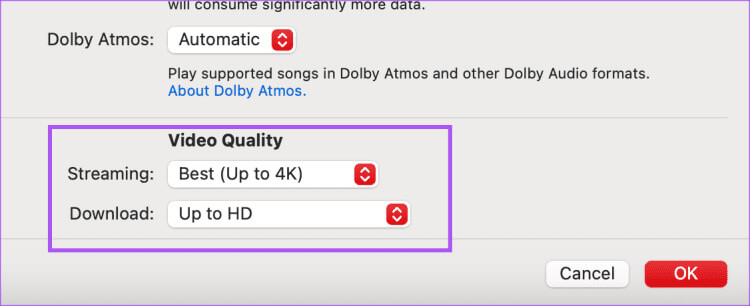 select-4k-video-quality-apple-music-mac-750x306-1 أفضل 9 إصلاحات لعدم تشغيل مقاطع فيديو Apple Music على iPhone وiPad وMac وWindows