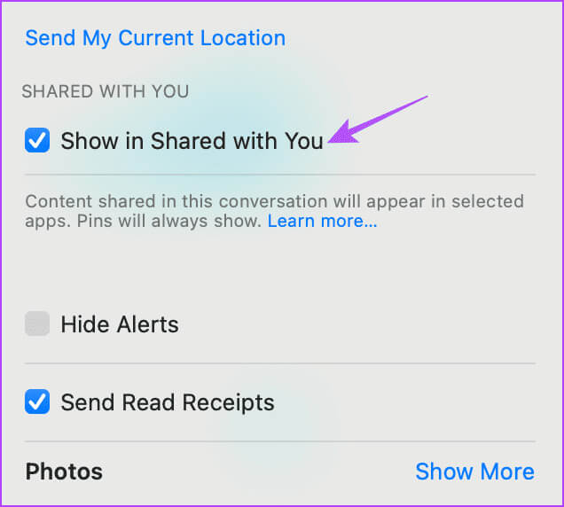 show-in-shared-with-you-messages-app-mac أفضل 5 إصلاحات لعدم ظهور صور iMessage في تطبيق الصور على iPhone وiPad وMac