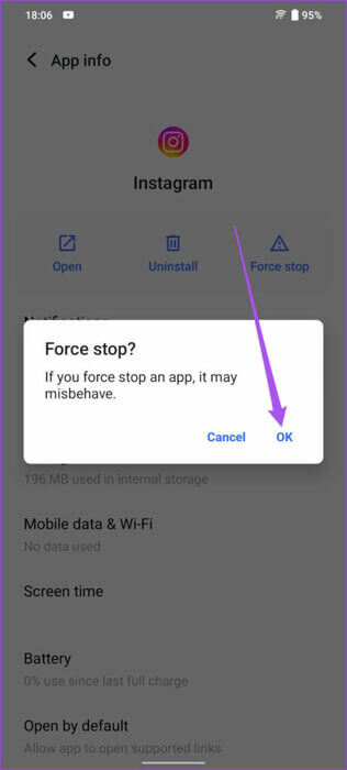 tap-ok-to-confirm-force-stop-instagram-app-android-462x1024-1 أفضل 5 إصلاحات لعدم تشغيل مقاطع فيديو HDR على Instagram على iPhone وAndroid