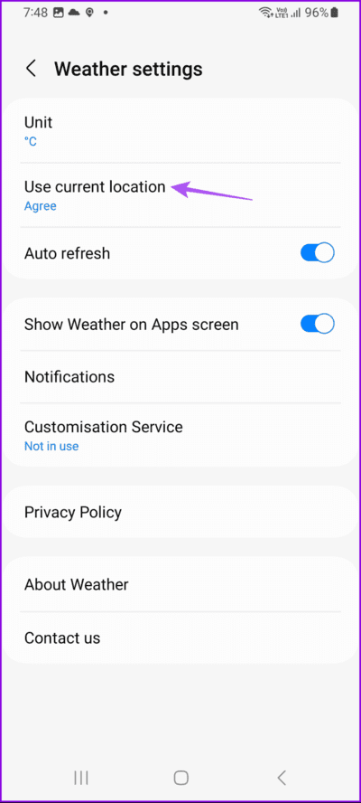use-current-location-weather-settings-samsung-692x1536-1 أفضل 6 إصلاحات لعدم تحديث الموقع في تطبيق الطقس على هواتف Samsung Galaxy