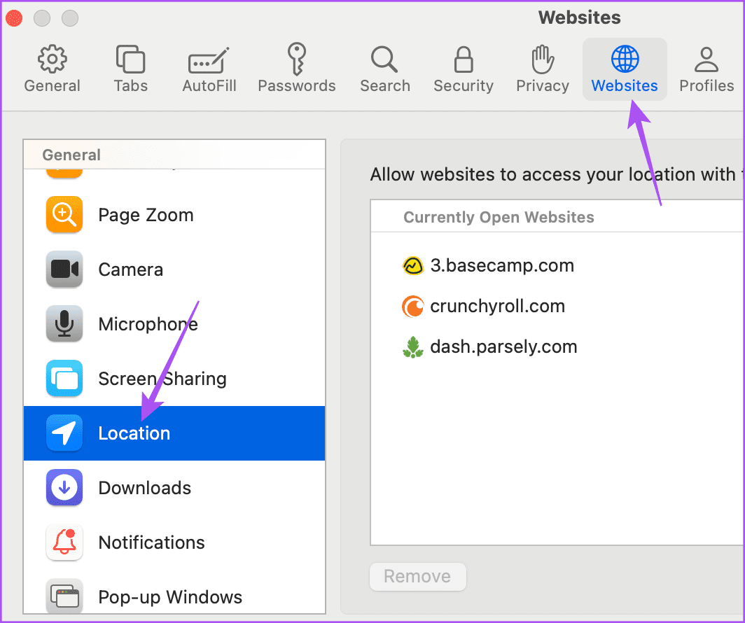 websites-location-settings-safari أفضل 5 إصلاحات لمشكلة عدم عمل Crunchyroll مع VPN