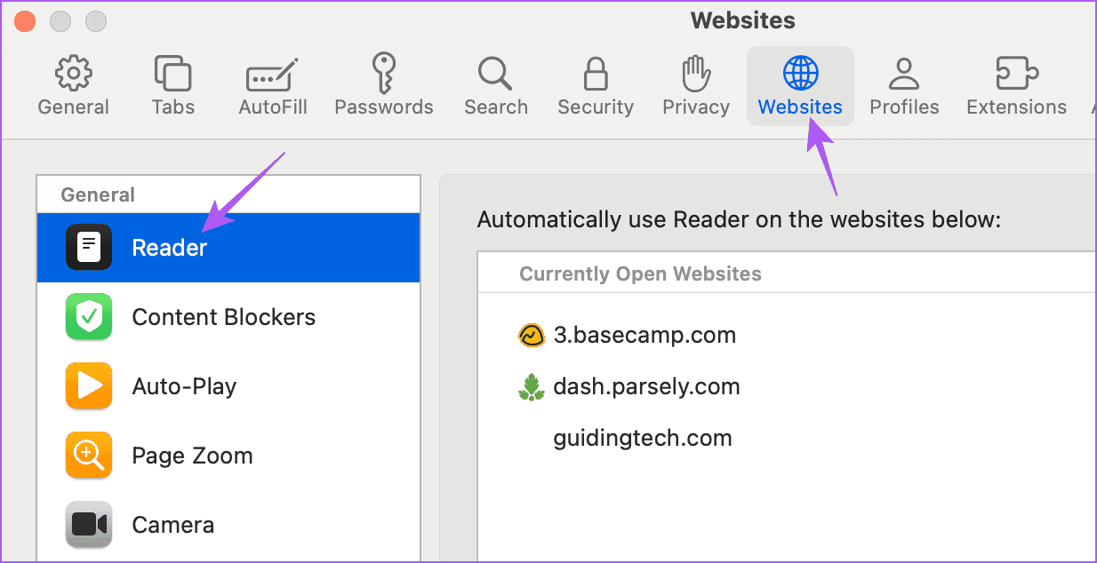 websites-reader-settings-mac أفضل 7 إصلاحات لعدم عمل وضع القارئ في Safari