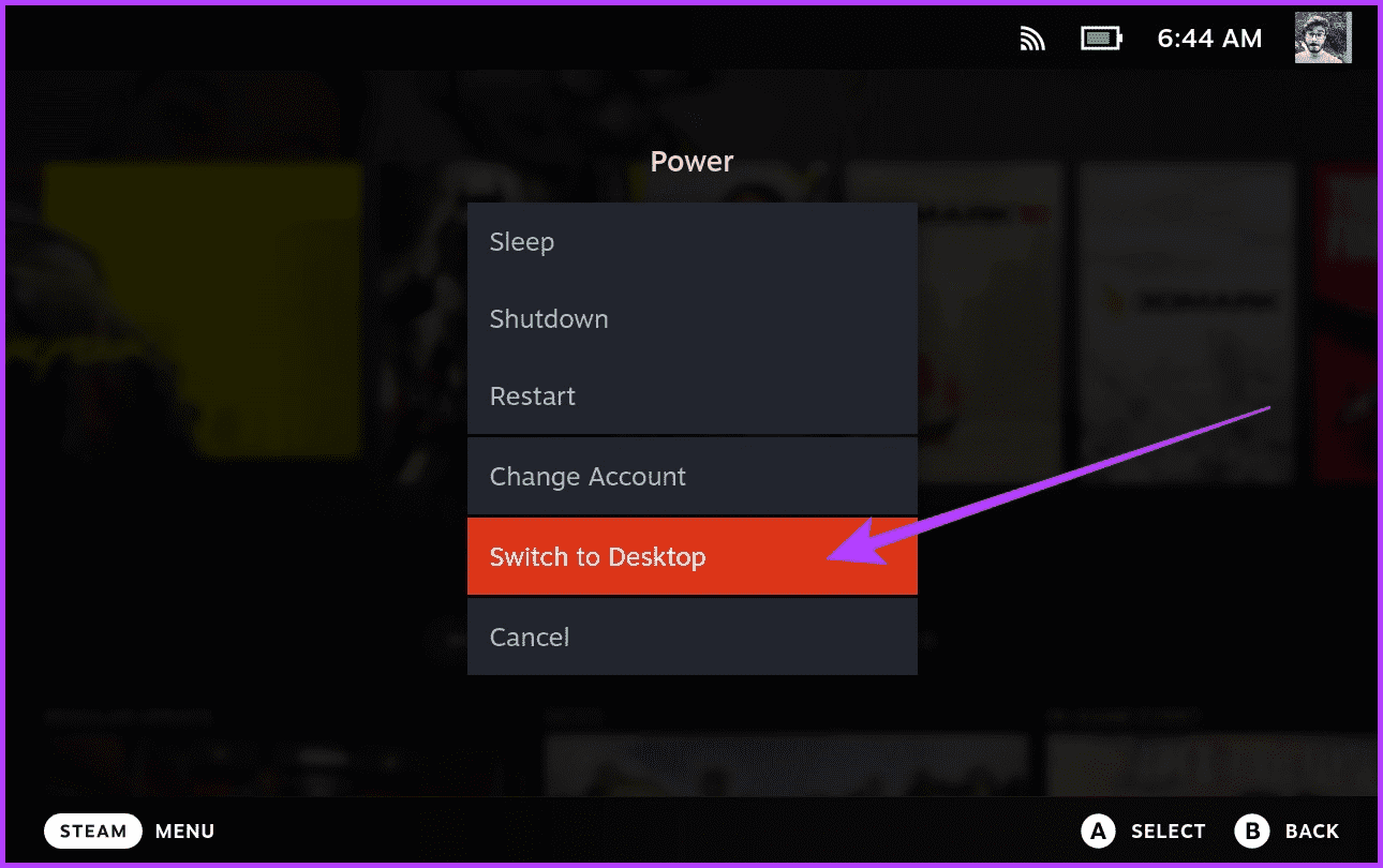 1.-Press-the-Power-key-on-your-Steam-Deck-to-open-the-power-menu.-Then-select-Switch-to-Desktop كيفية تحسين أداء الألعاب في Steam Deck