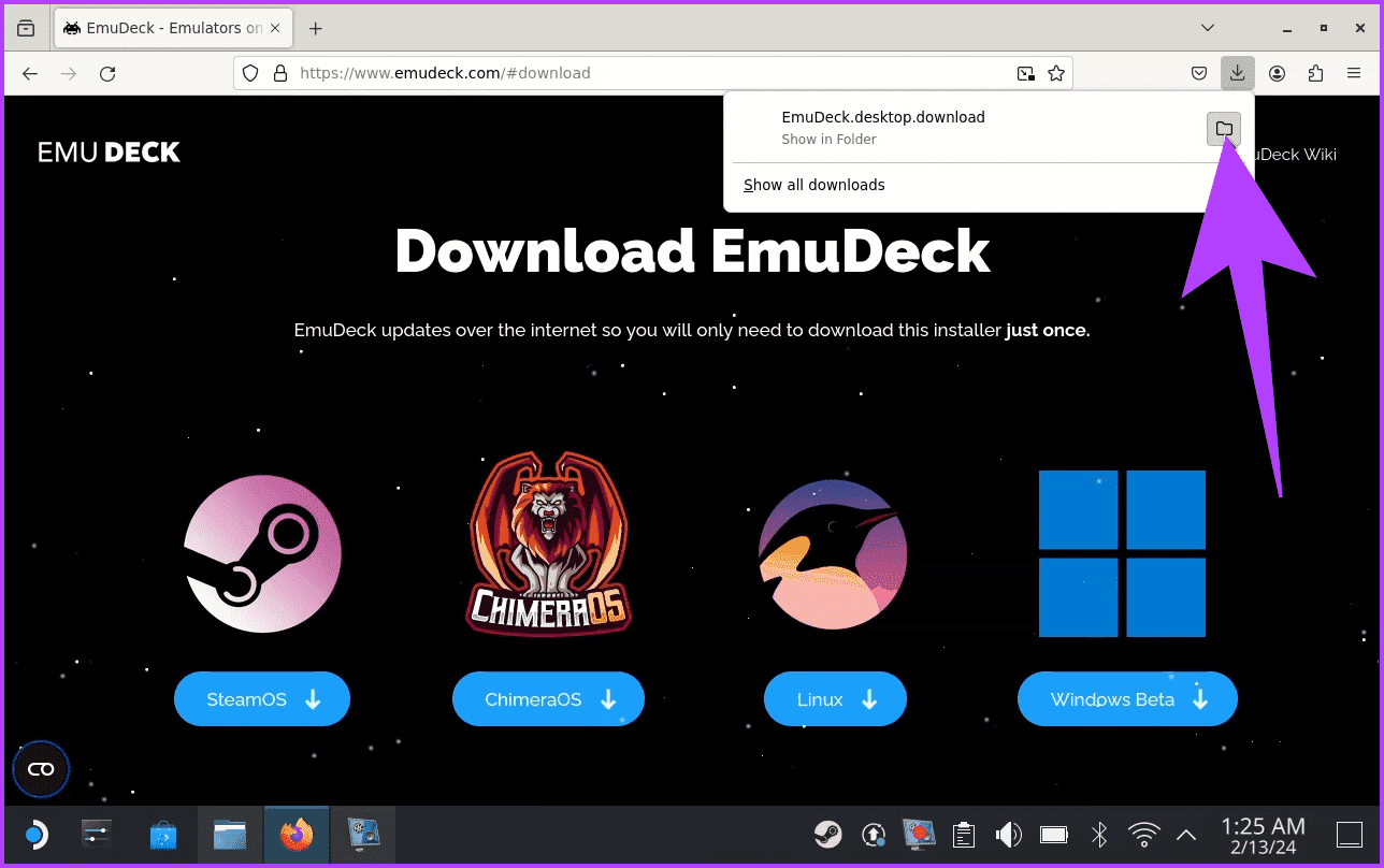 1.5-From-the-downloads-panel-tap-on-Show-in-folder كيفية تثبيت EmuDeck على Steam Deck