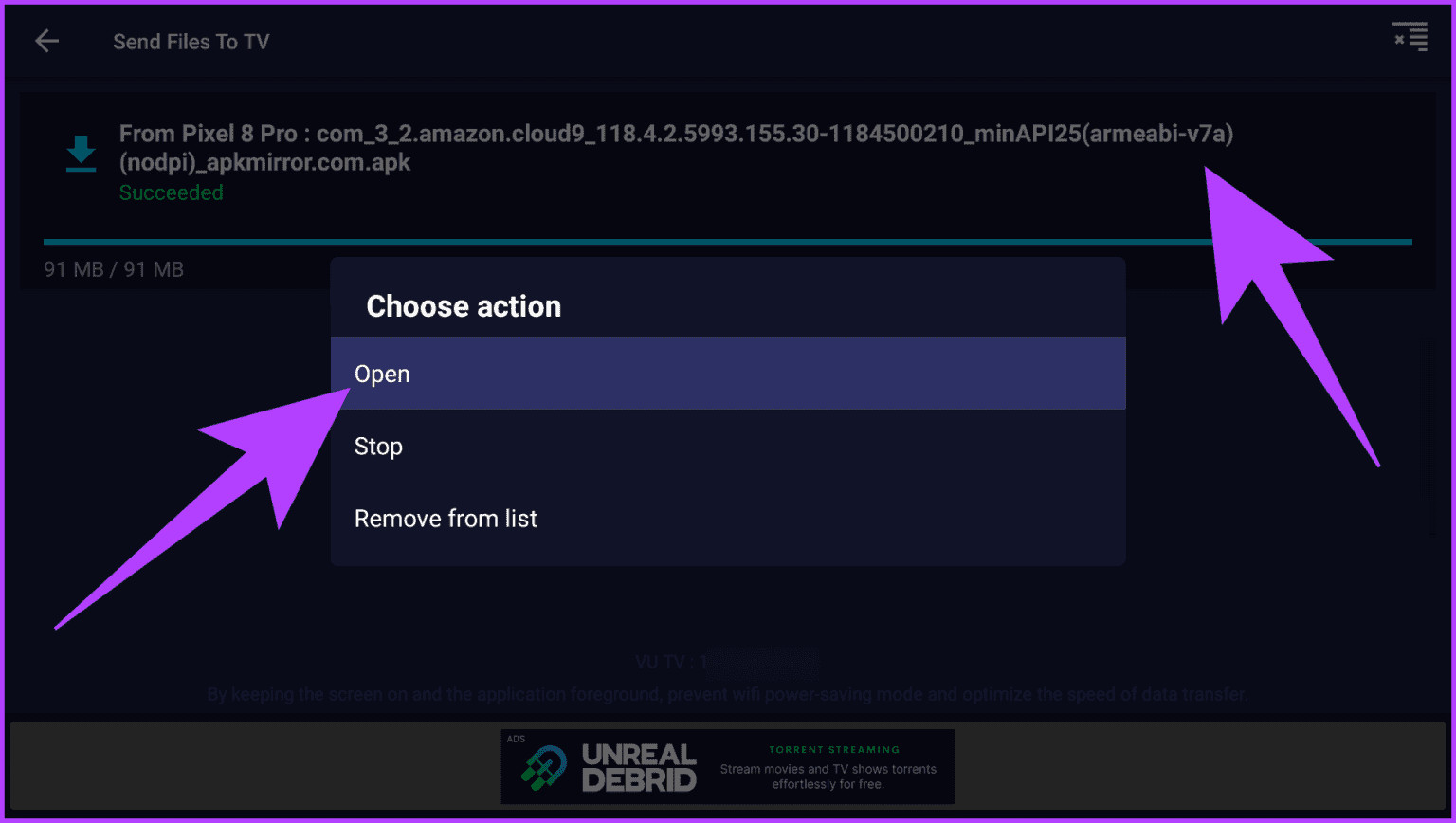 1.7-The-transfer-should-automatically-begin-and-the-same-should-reflect-on-your-Google-TV.-Once-done-select-the-file-on-your-Android-TV-and-then-select-Open-1536x868-1 كيفية التحميل الجانبي للتطبيقات (APKs) على Google TV أو Android TV
