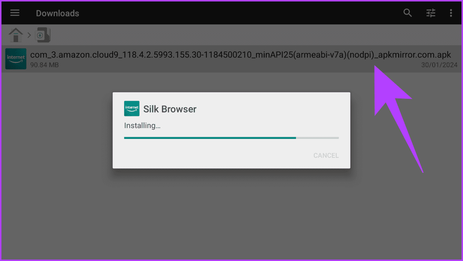 1.9-Now-navigate-to-the-Downloads-folder.-Here-youll-find-the-APK-file-you-transferred-previously.-Select-it-and-the-app-should-begin-installing-1536x868-1 كيفية التحميل الجانبي للتطبيقات (APKs) على Google TV أو Android TV