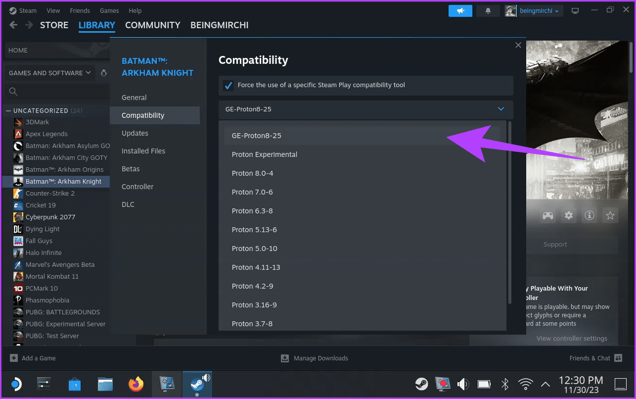 11.-Now-check-the-box-next-to-Force-the-use-of-a-specific-Steam-Play-compatibility-tool.-Below-it-select-GE-Proton-from-the-drop-down-list كيفية تحسين أداء الألعاب في Steam Deck