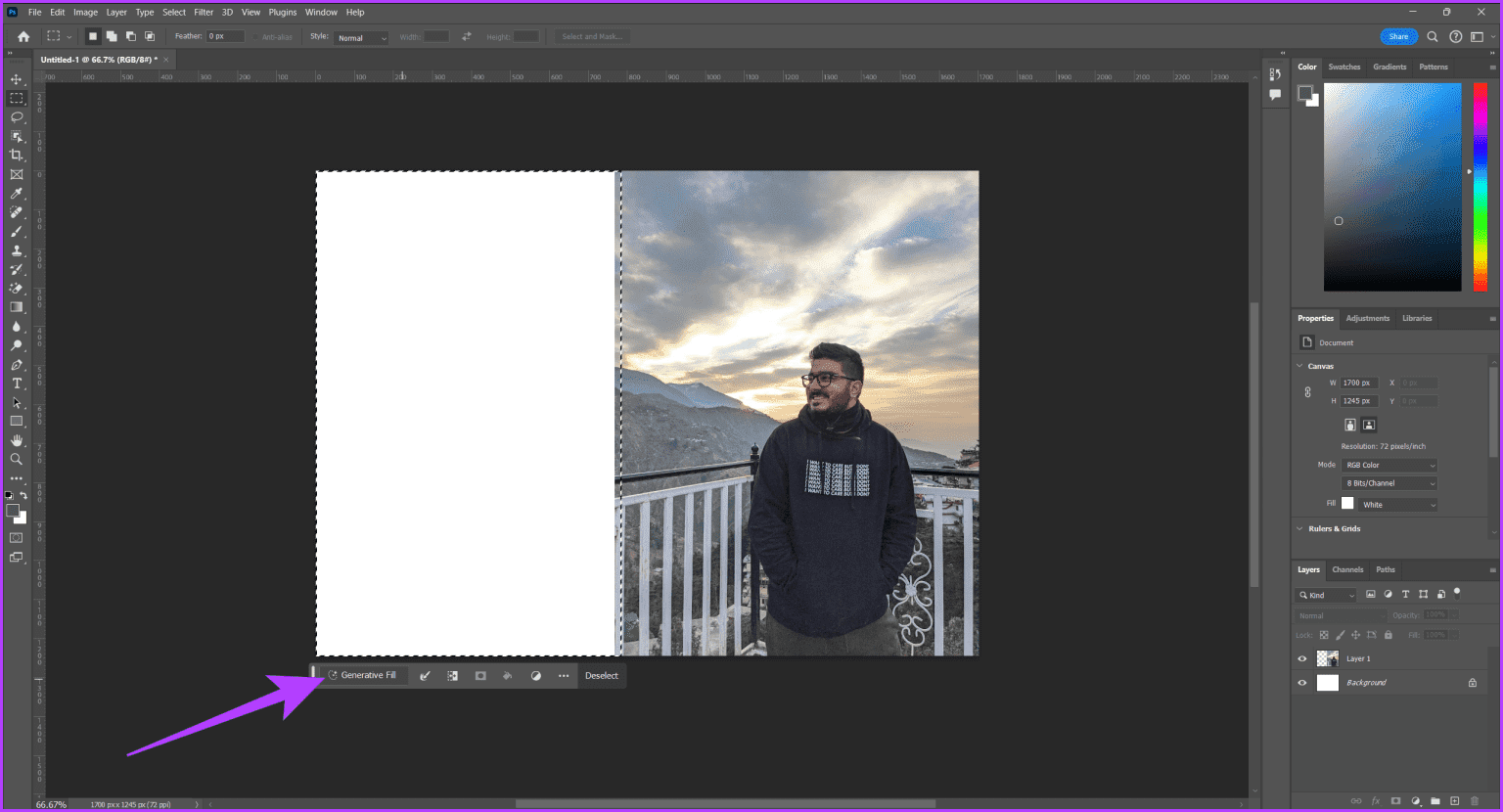 11.-select-the-empty-area-on-the-canvas-that-youd-like-to-fill-using-the-selection-tool.-Then-select-Generative-Fill-from-the-Contextual-Task-Bar-1536x830-1 3 طرق لتوسيع الصور (أو الخلفية) في Adobe Photoshop