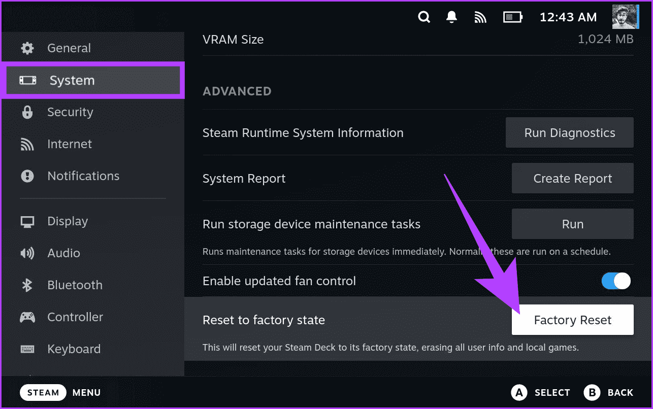 2.-Inside-Settings-navigate-to-System-Settings-on-the-left-pane.-Now-on-the-right-side-scroll-down-to-the-Advanced-section.-Here-tap-on-Factory-Reset-next-to-Reset-to-factory-state كيفية إعادة ضبط جهاز Steam Deck إلى إعدادات المصنع: دليل كامل