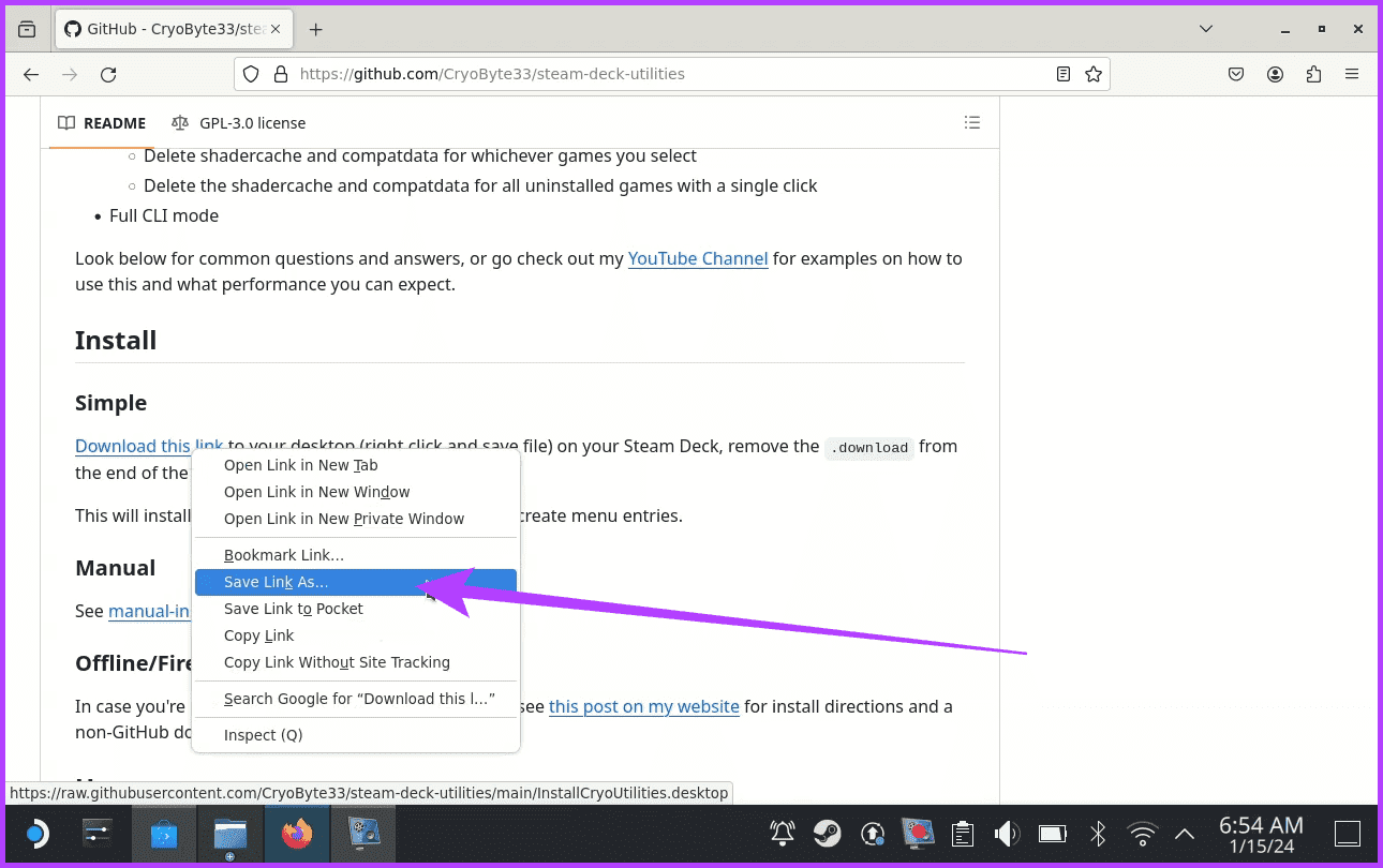 2.-Use-the-left-trigger-to-click-on-it-and-select-Save-Link-As كيفية تحسين أداء الألعاب في Steam Deck