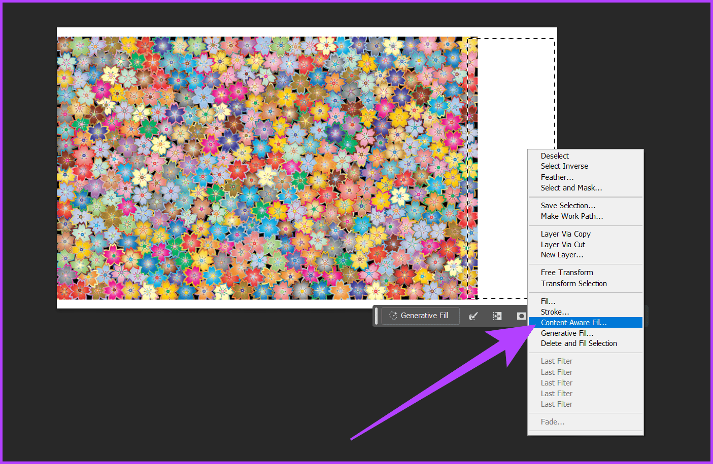 2.-right-click-in-the-selected-area-and-click-on-Content-Aware-Fill-Extend-Images-or-Background-in-Adobe-Photoshop-1 3 طرق لتوسيع الصور (أو الخلفية) في Adobe Photoshop
