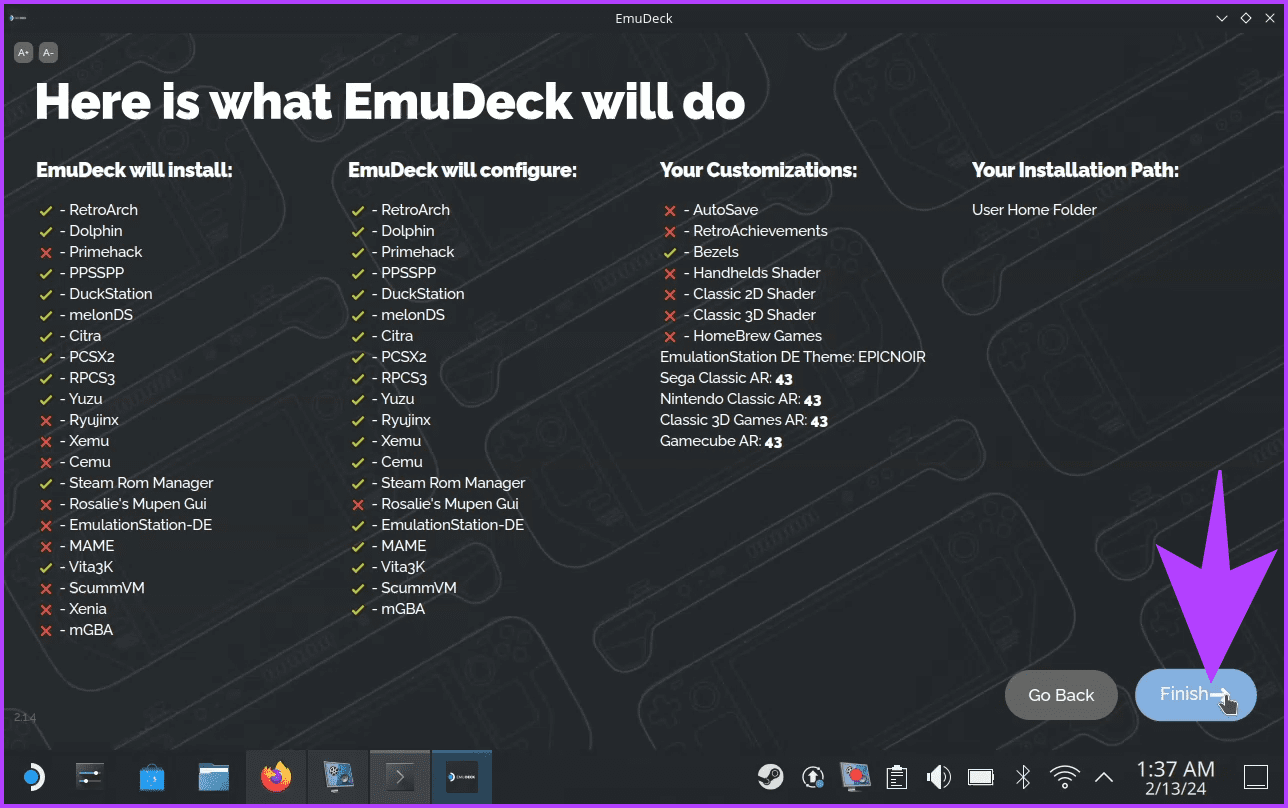 2.9-Finally-EmuDeck-will-give-you-a-summary-of-everything-the-installer-will-do.-You-can-choose-to-go-back-and-make-some-changes-if-needed-or-tap-on-Finish-to-finalize-the-installation كيفية تثبيت EmuDeck على Steam Deck