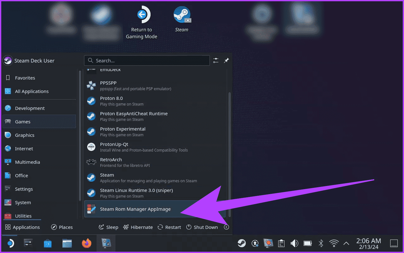 3.1-Inside-the-Desktop-mode-open-the-launcher.-Here-select-Steam-ROM-Manager كيفية تثبيت EmuDeck على Steam Deck