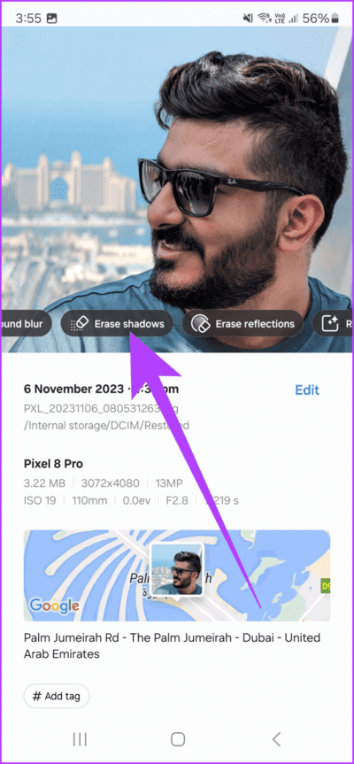 3.3-If-you-wish-to-remove-the-shadows-tap-on-Erase-shadows-712x1536-1 كيفية استخدام التحرير التوليدي على Samsung Galaxy S24