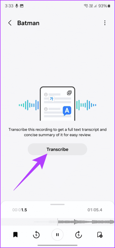 4.1-Open-the-Voice-Recorder-app-and-start-playing-a-saved-recording.-Here-you-should-get-an-option-for-Transcribe-712x1536-1 11 من أفضل النصائح والحيل لجهاز Samsung Galaxy S24