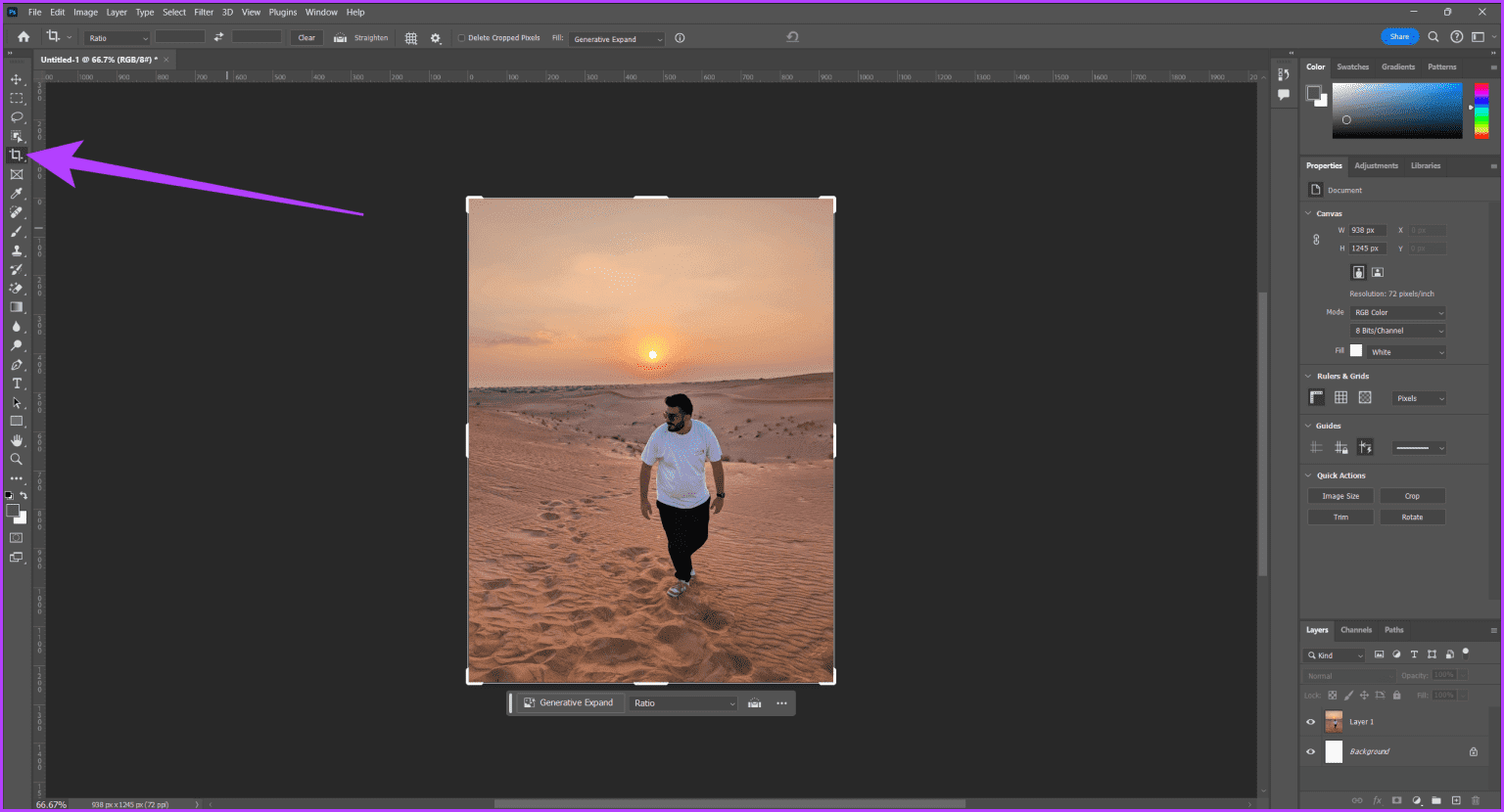 5.-select-the-Crop-tool-from-the-left-sidebar-Extend-Images-or-Background-in-Adobe-Photoshop-1536x830-1 3 طرق لتوسيع الصور (أو الخلفية) في Adobe Photoshop