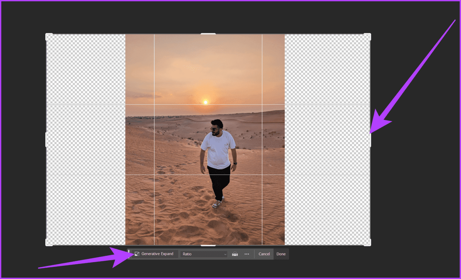 6.-select-the-frame-from-the-edges-and-expand-the-canvas-as-per-your-liking.-Then-on-the-Contextual-Task-Bar-that-shows-up-select-Generative-Expand-1-1536x930-1 3 طرق لتوسيع الصور (أو الخلفية) في Adobe Photoshop