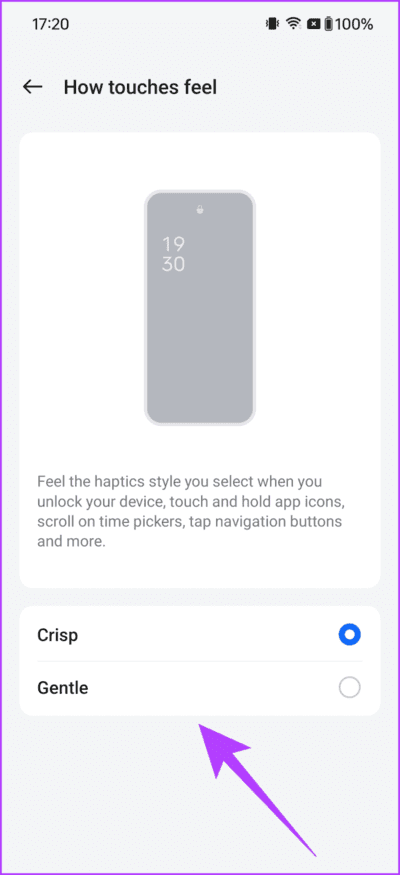 7.2-choose-whether-you-want-the-touches-to-offer-crisp-or-gentle-feedback-702x1536-1 أفضل 12 نصيحة وحيل وإعدادات لـ OnePlus 12 يجب أن تعرفها