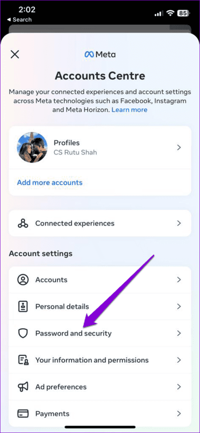 Account-Center-Meta أفضل 7 إصلاحات لعدم فتح الروابط في Facebook Messenger على Android وiPhone