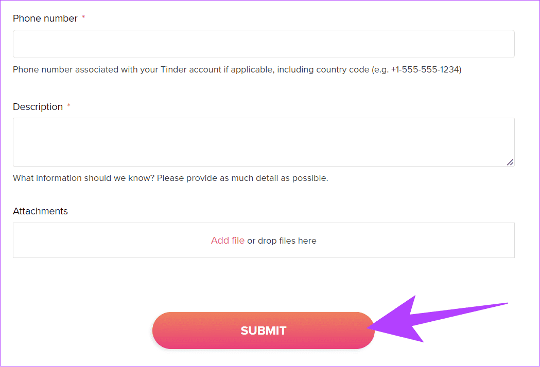 Add-the-necesasry-information-and-hit-Submit كيفية العودة إلى Tinder بعد الحظر