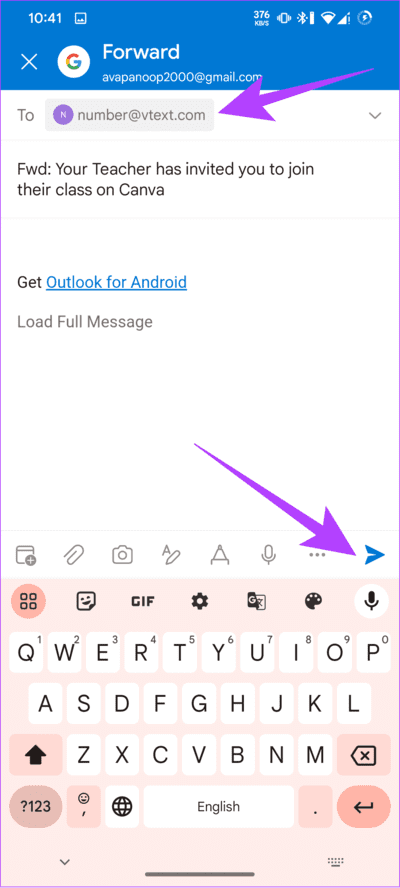 Add-the-number-recipient-and-then-tap-the-send-button كيفية إعادة توجيه البريد الإلكتروني إلى هاتفك كنص باستخدام Gmail وOutlook