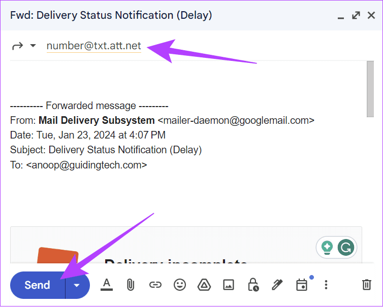 Add-the-recipeint-number-and-the-hit-Send كيفية إعادة توجيه البريد الإلكتروني إلى هاتفك كنص باستخدام Gmail وOutlook