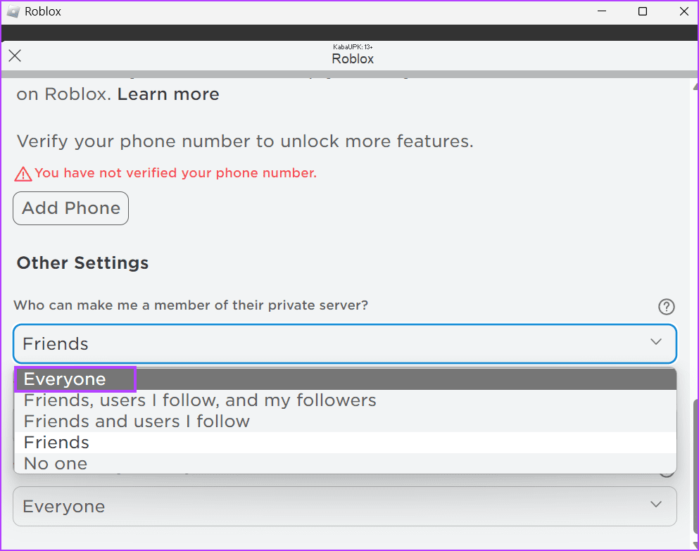 Allow-Private-Servers-to-Add-You-as-a-Member-4 أفضل 9 طرق لإصلاح "رمز خطأ Roblox 524" في Windows 11