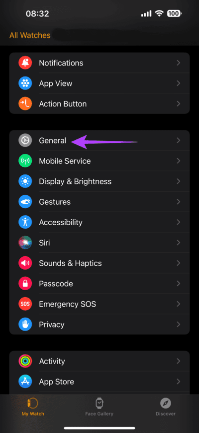 Apple-Watch-General-Settings 7 طرق لإصلاح عدم عمل تتبع الدورة الشهرية على Apple Watch
