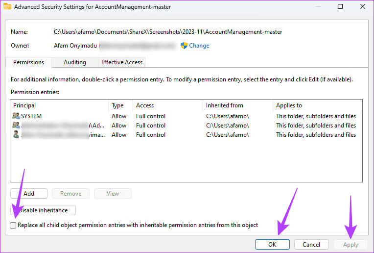 Applying-inheritance أفضل 7 إصلاحات لخطأ "موارد النظام غير كافية" على Windows 11