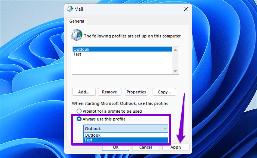 Change-Default-Outlook-Profile أفضل 6 إصلاحات لظهور خطأ لم يتم تنفيذه في Microsoft Outlook على Windows