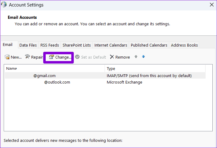 Change-Email-Settings-Outlook أفضل 5 طرق لإصلاح توقف Microsoft Outlook عند تحديث البريد الوارد على Windows