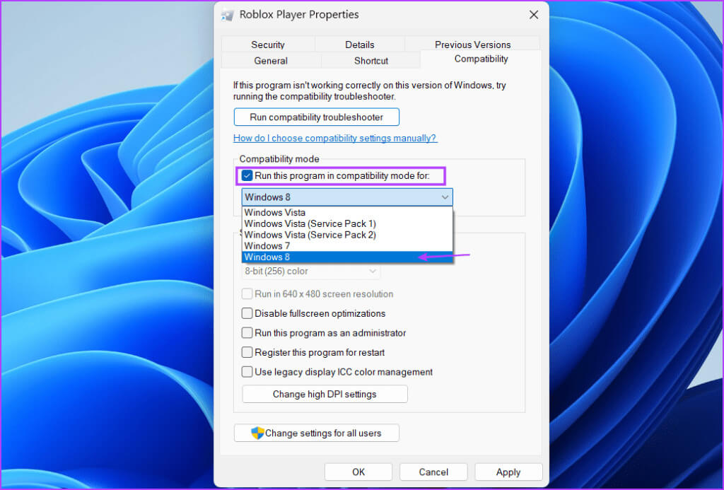 Change-Roblox-Compatibility-Settings-3-1024x693-1 أفضل 8 إصلاحات لمشكلة "حدث خطأ غير متوقع، يجب إنهاء Roblox" على Windows 11