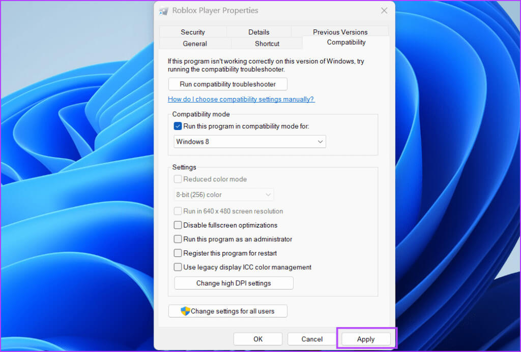 Change-Roblox-Compatibility-Settings-4-1024x693-1 أفضل 8 إصلاحات لمشكلة "حدث خطأ غير متوقع، يجب إنهاء Roblox" على Windows 11