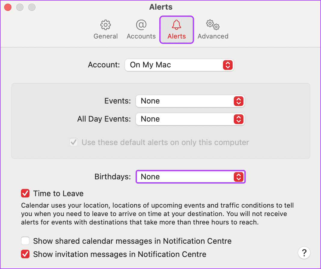 Check-Alert-Settings-Mac كيفية إضافة ورؤية أعياد الميلاد على تقويم iPhone