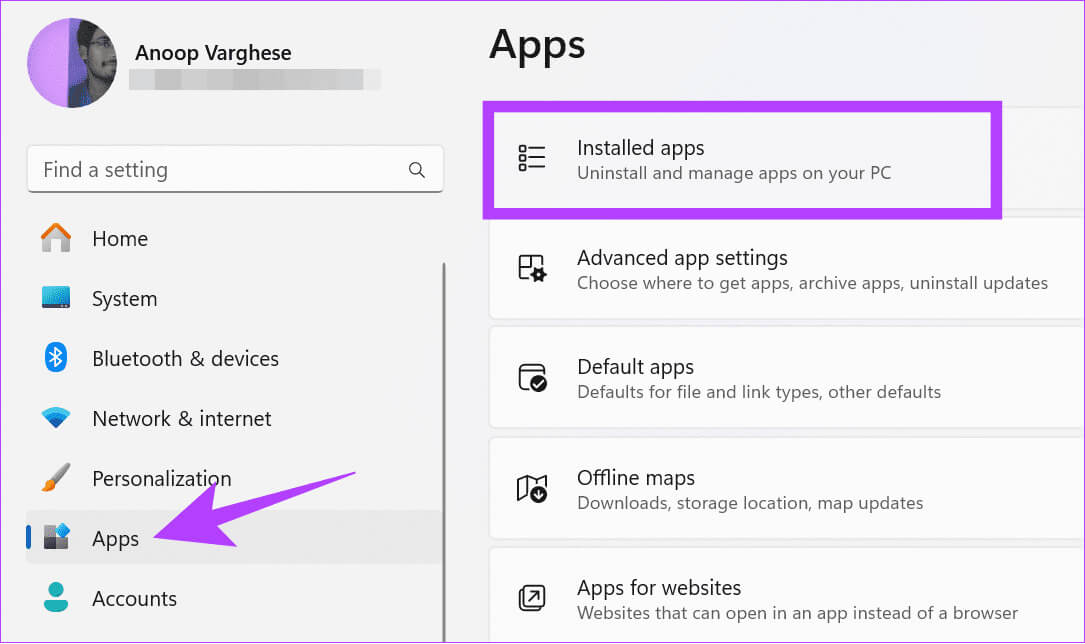 Choose-Apps-and-then-click-Intalled-apps 5 طرق لإصلاح فشل تحميل مكونات OBS الإضافية على Windows