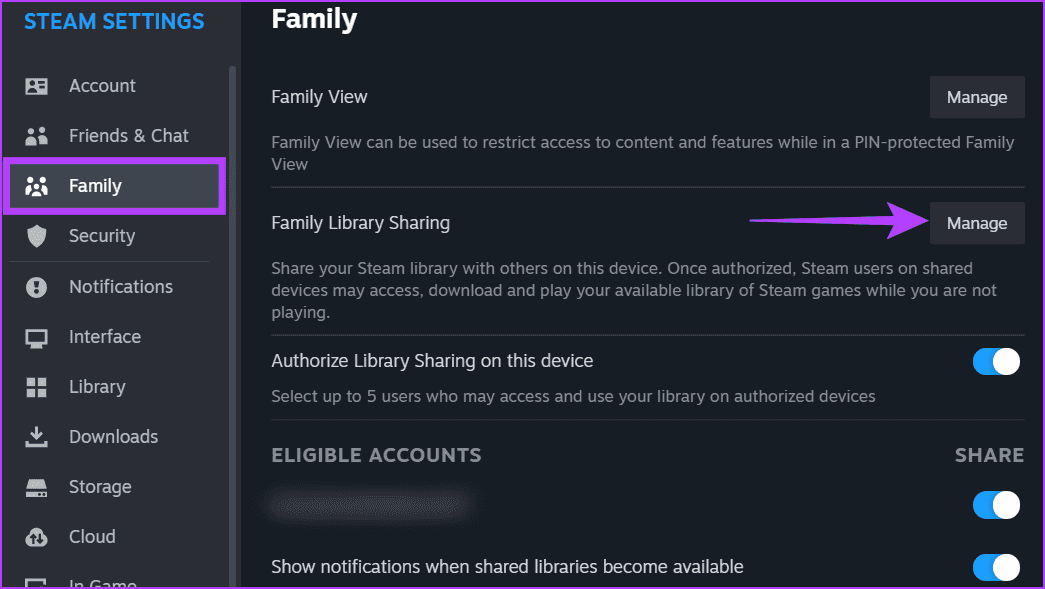 Choose-Family-and-click-on-the-Manage-button-next-to-Family-Library-Sharing كيفية مشاركة الألعاب على Steam مع الأصدقاء والعائلة